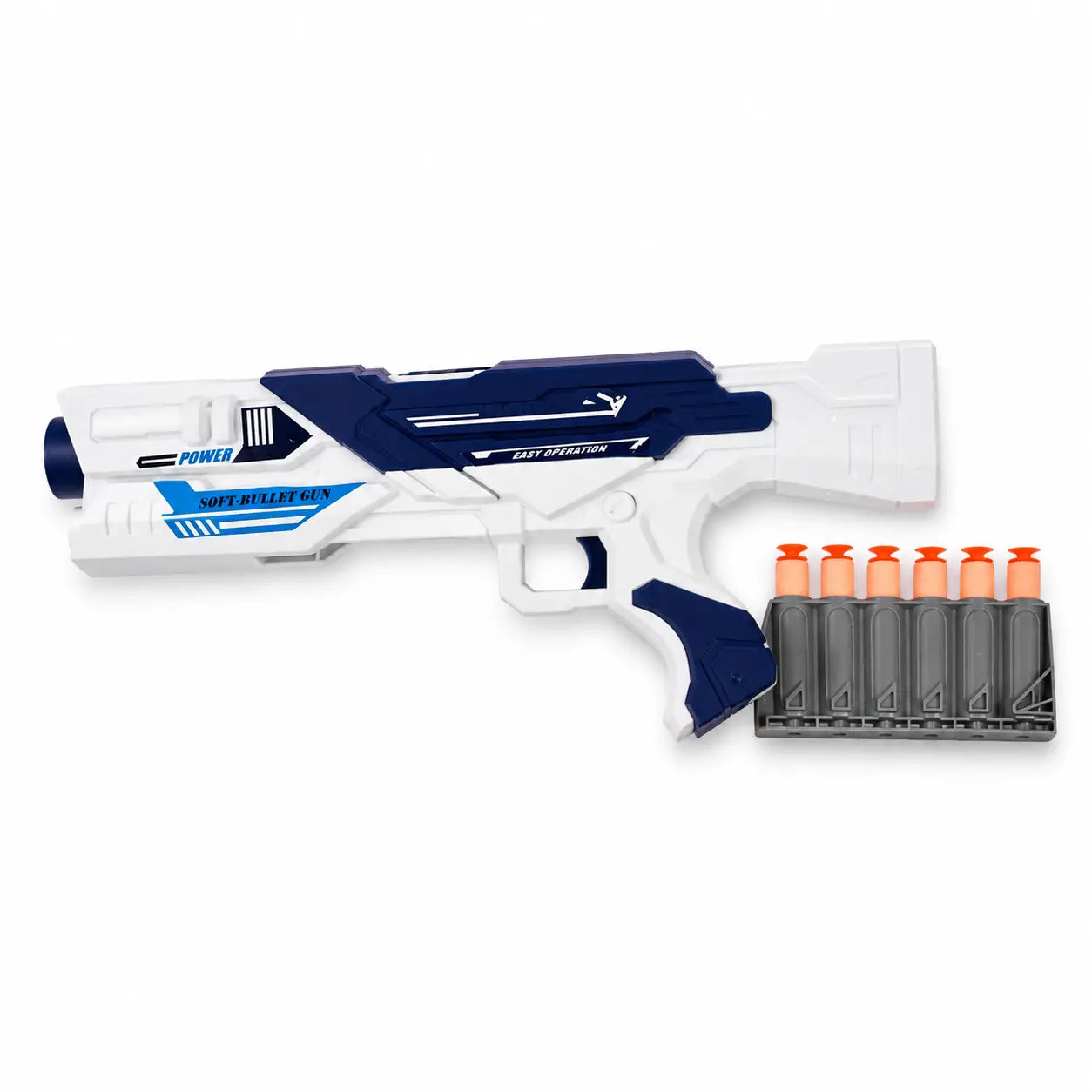 Kids soft bullet gun toy with separate rotating magazine loaded with six soft foam darts
