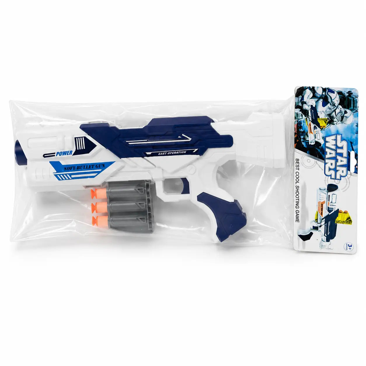 Packaged white and blue soft bullet gun toy with foam darts and rotating magazine for kids