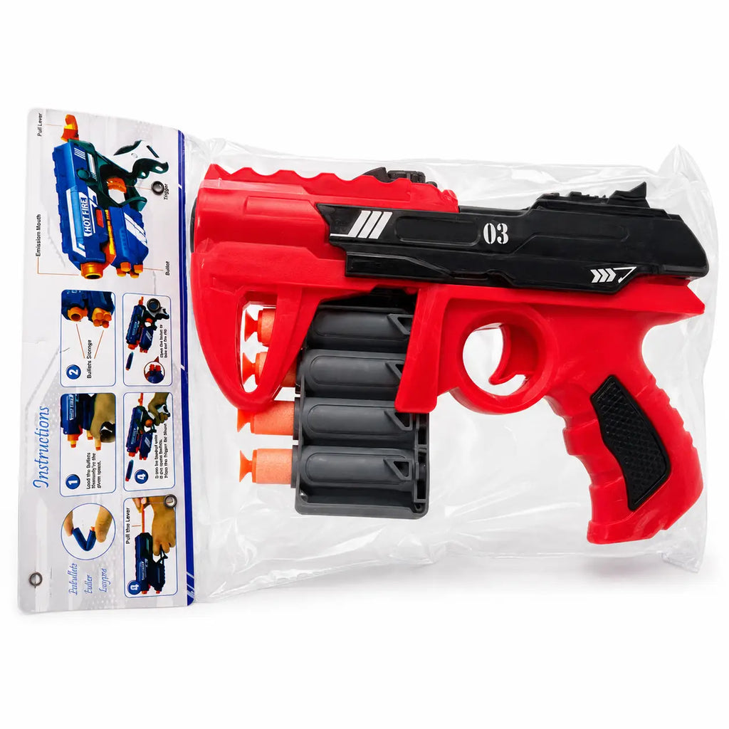 Kids red and black soft bullet toy blaster gun with foam darts and dart holder in retail packaging
