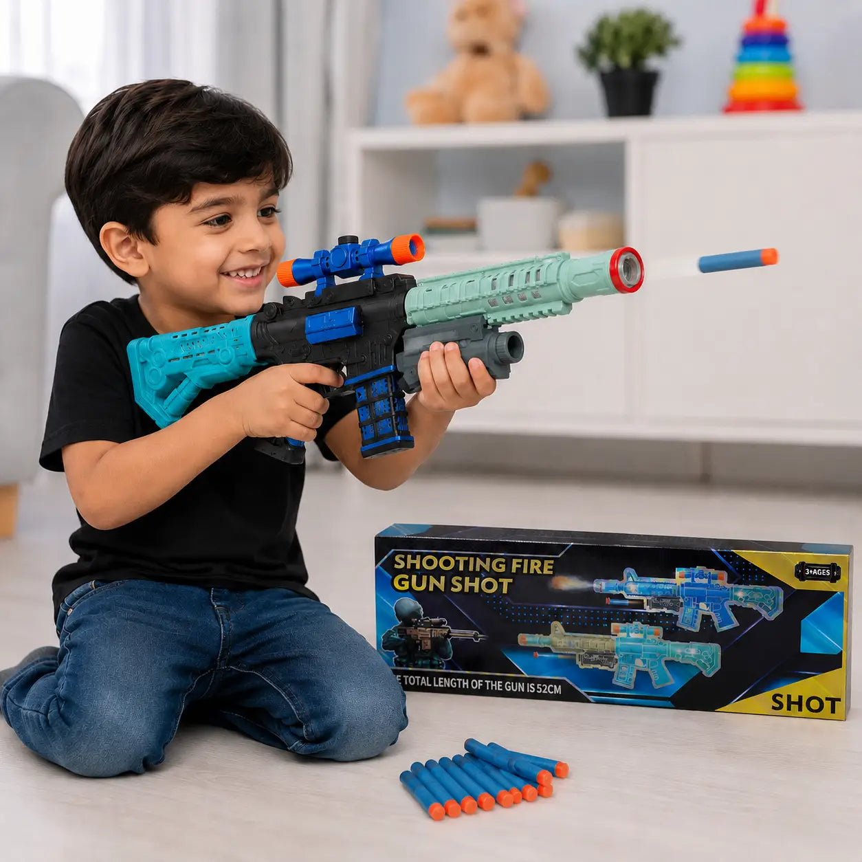 Child playing with Shooting Fire soft foam dart toy gun during indoor pretend play