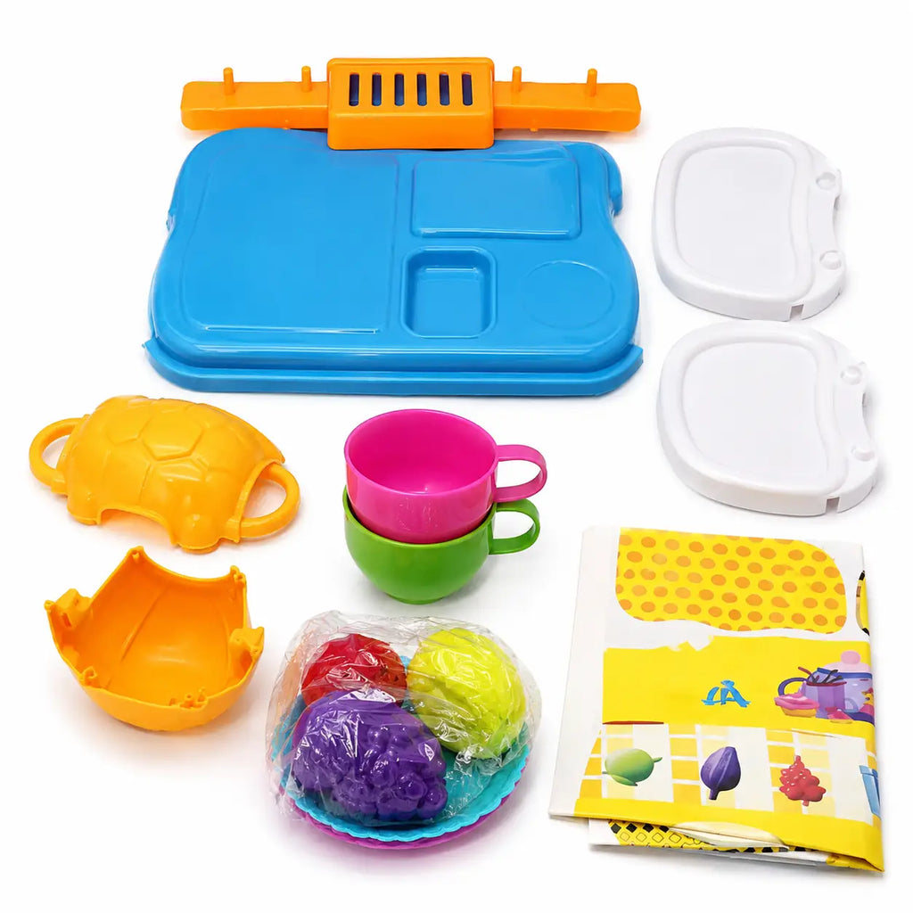 Kids tea party playset accessories with blue tray cups pretend food and colourful pieces