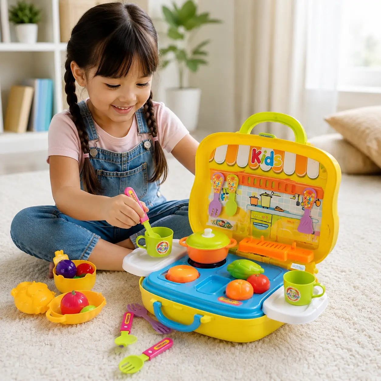 Young child playing with yellow portable tea party and kitchen carry case toy set