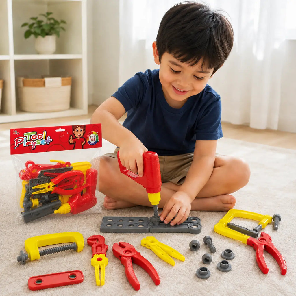 Child playing with Kids Tool Playset using red toy drill, nuts, bolts and pretend construction tools