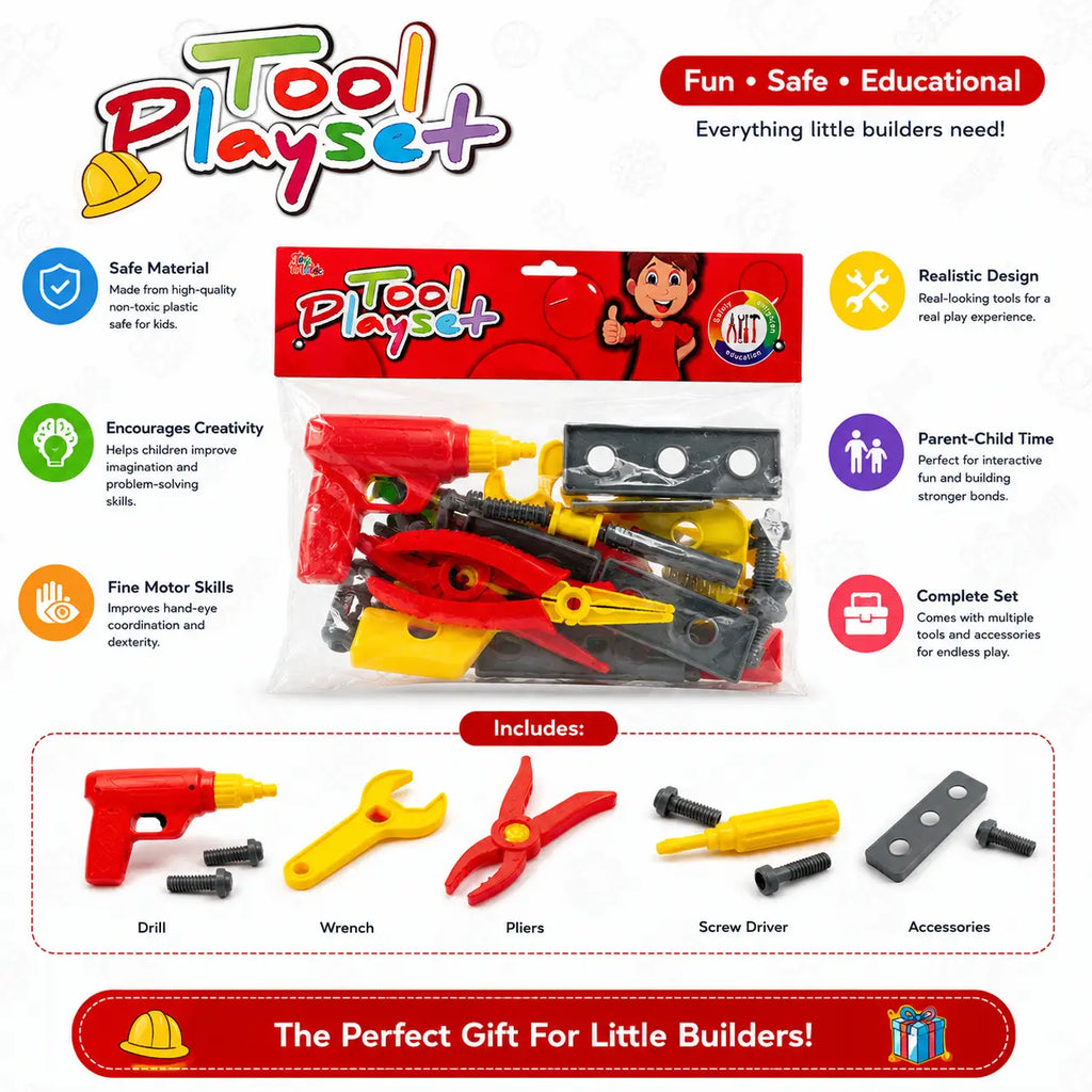 Kids construction Tool Playset features image showing toy drill, wrench, pliers, screwdriver and accessories