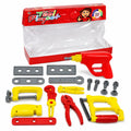 Open Kids Tool Playset with toy drill, saw, pliers, wrench, clamps, nuts, bolts and building accessories displayed
