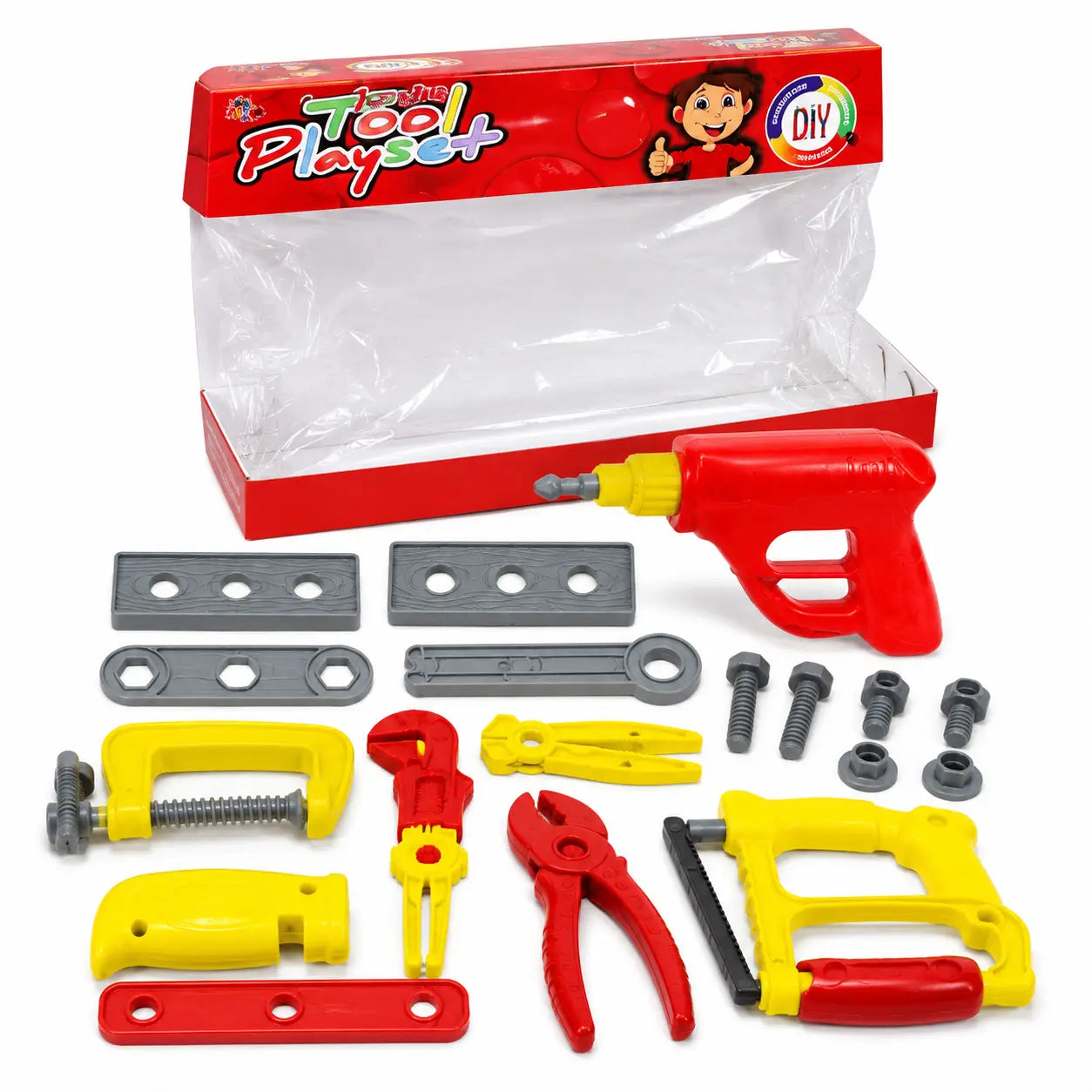Open Kids Tool Playset with toy drill, saw, pliers, wrench, clamps, nuts, bolts and building accessories displayed