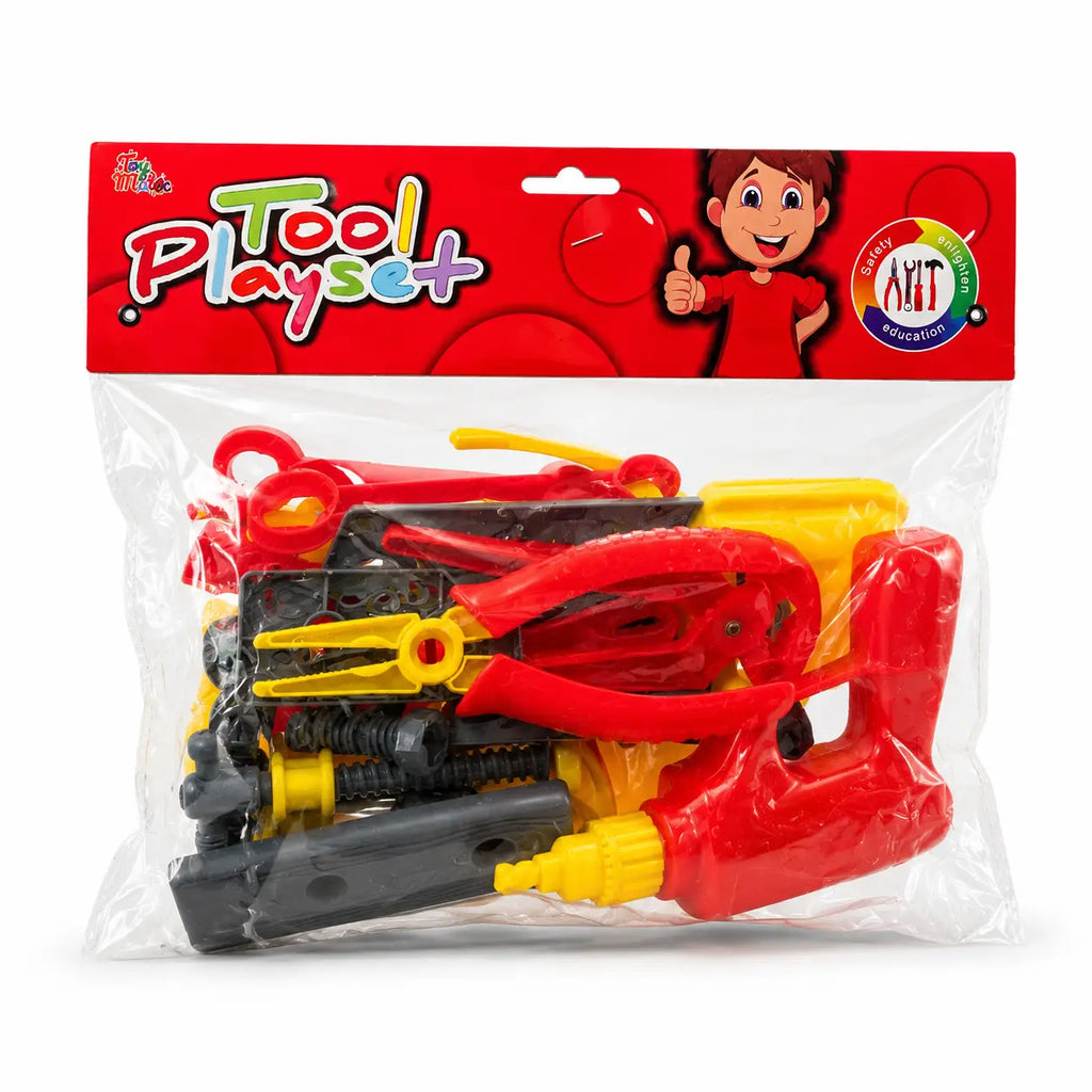 Kids Tool Playset with red toy drill, pliers, wrench, saw and construction accessories in transparent packaging