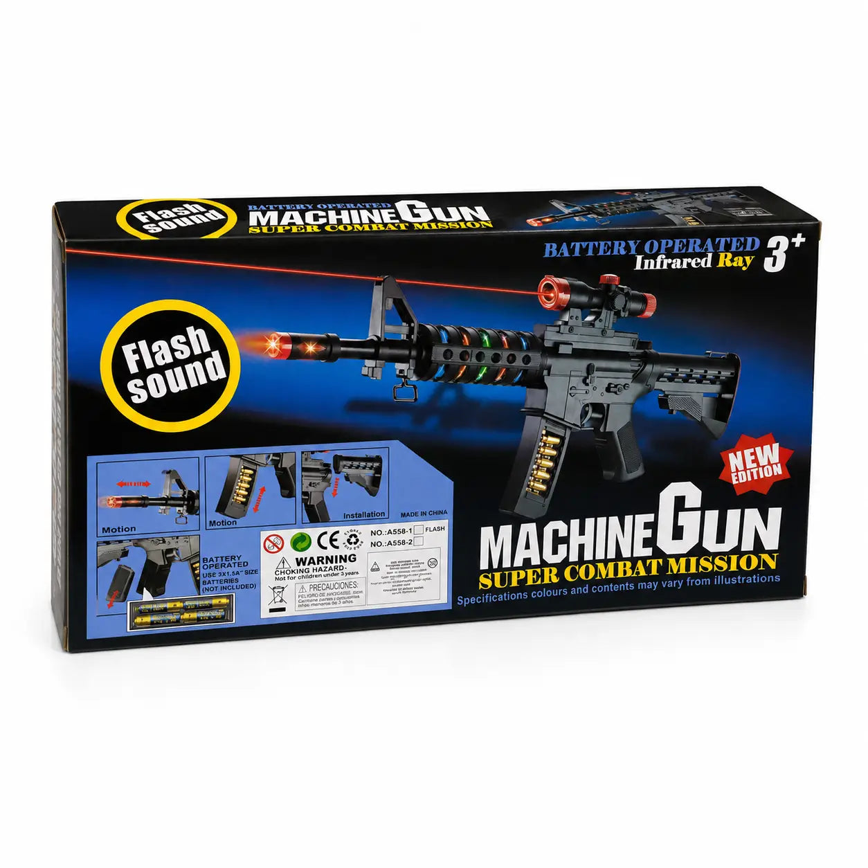 Battery operated kids toy machine gun retail box with flash sound and scope features