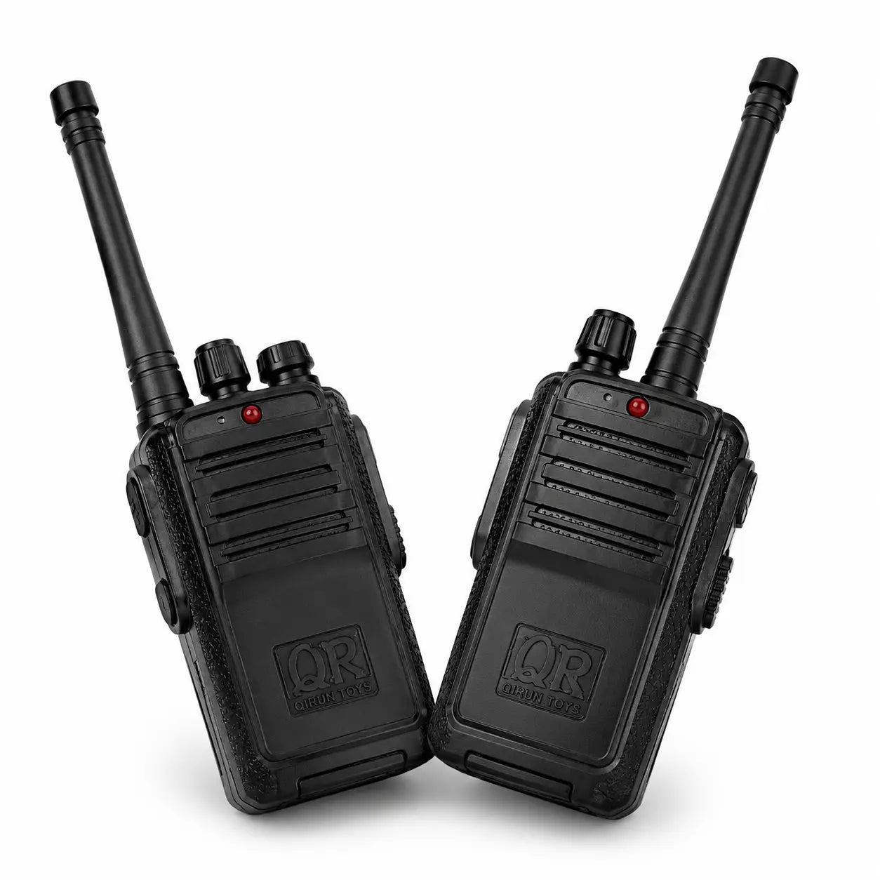 Two black kids walkie talkies in curved front view with long antennas