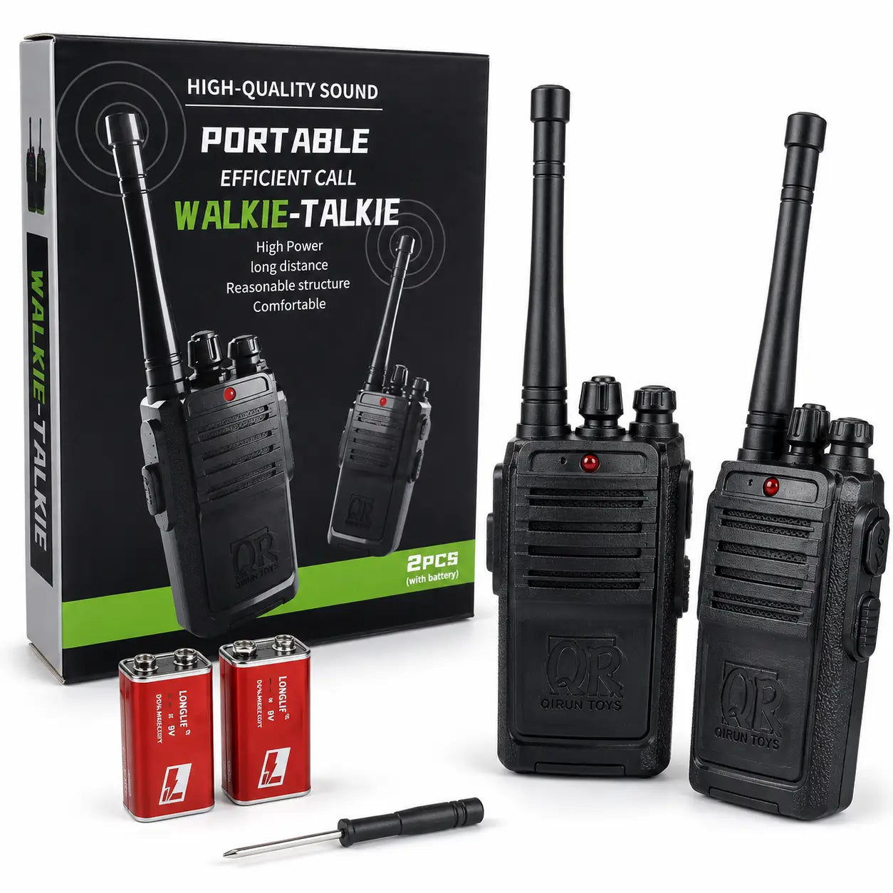 Kids walkie talkie 2 PCS set with product box, batteries and feature details