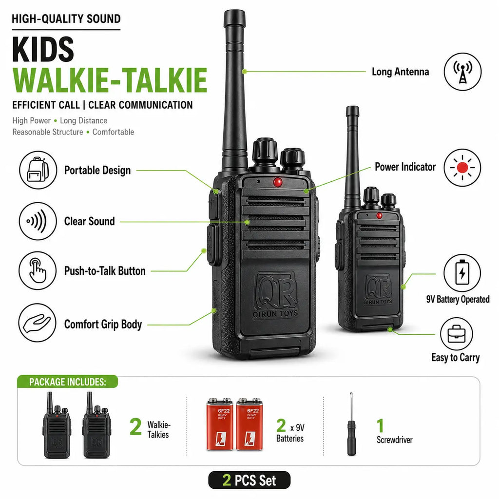 Kids walkie talkie features showing push-to-talk, antenna, power indicator and included accessories
