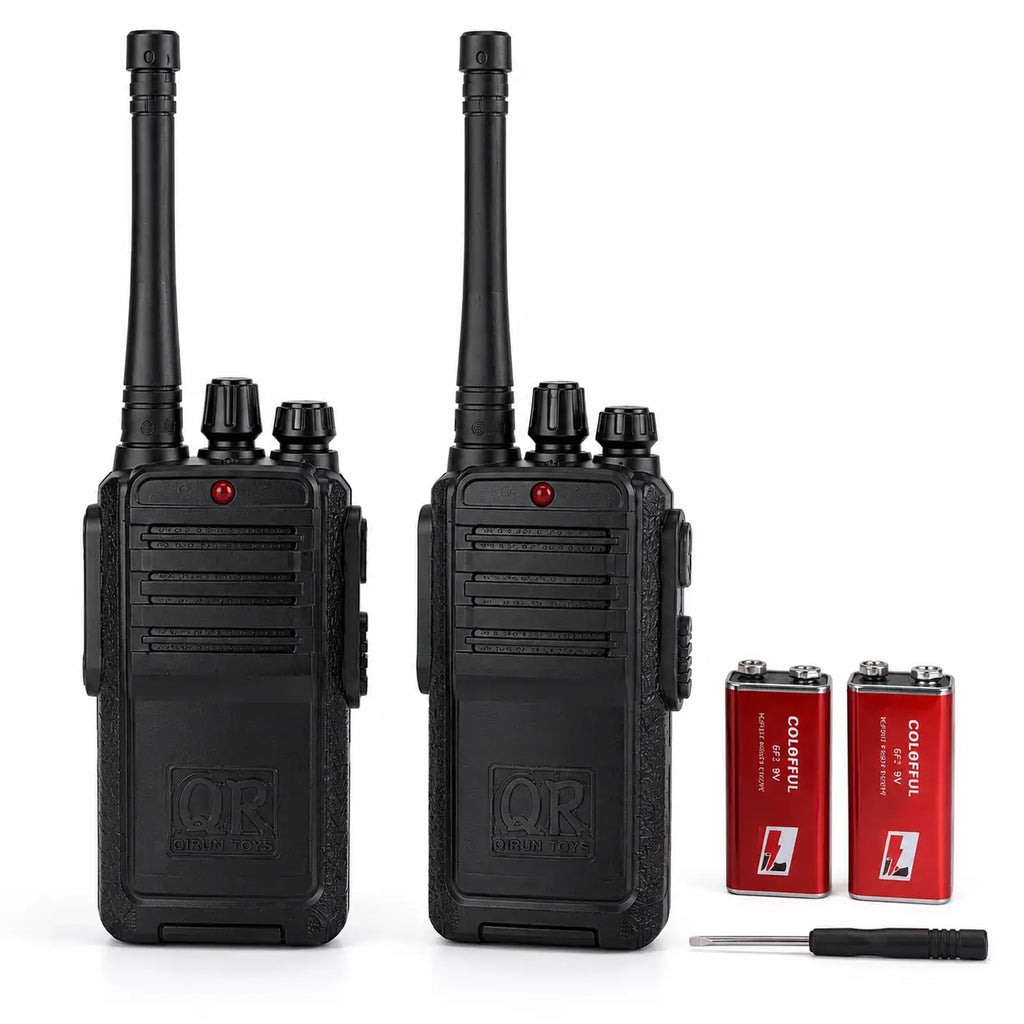 Two black kids walkie talkies with two 9V batteries and screwdriver