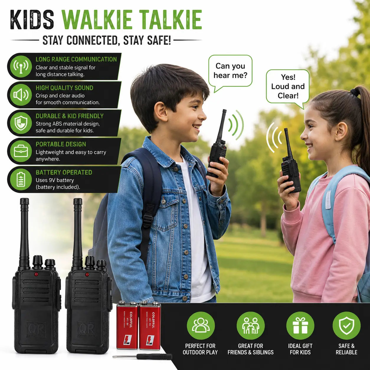 Two children using black kids walkie talkies during outdoor play