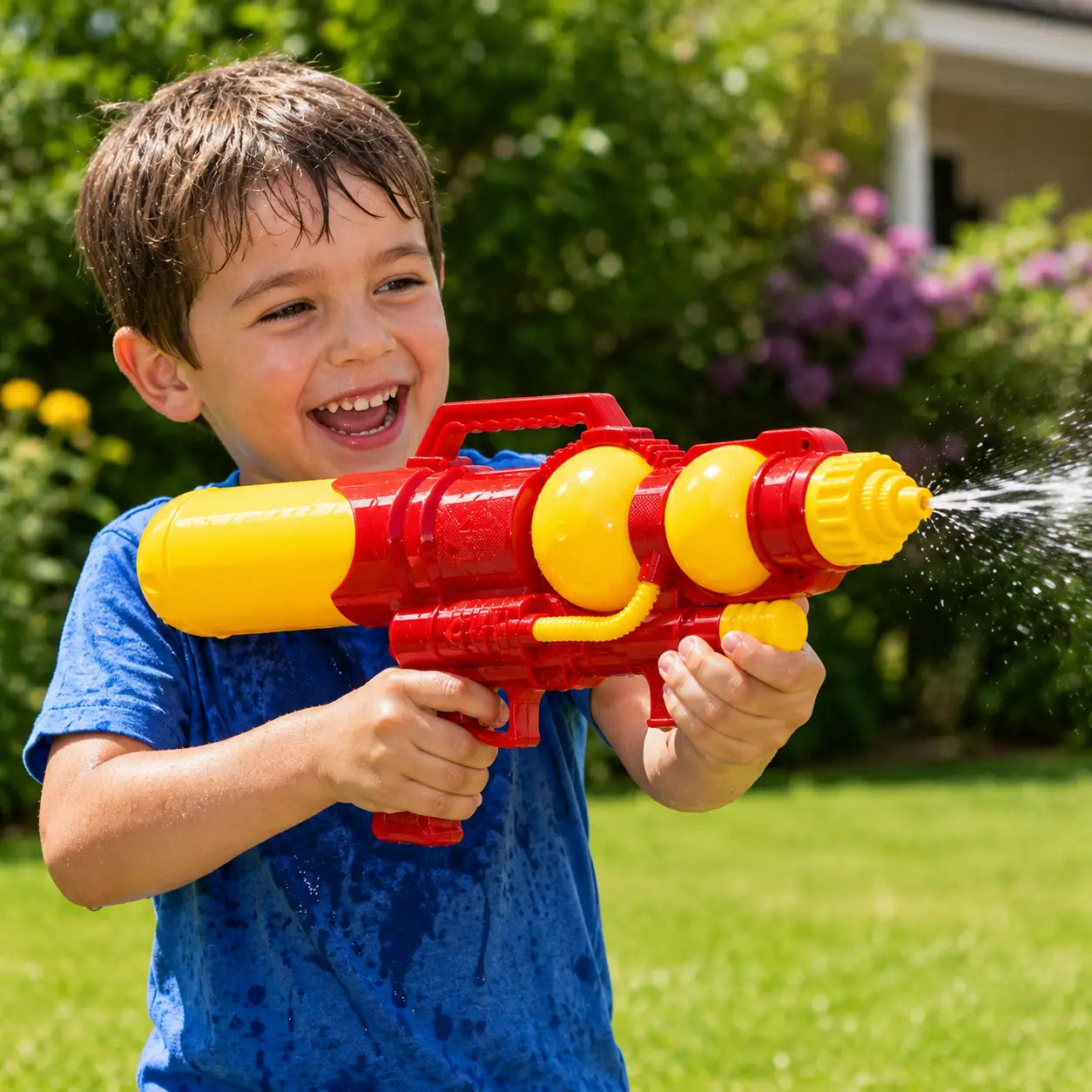 Child playing outdoors with red and yellow kids pump action water gun