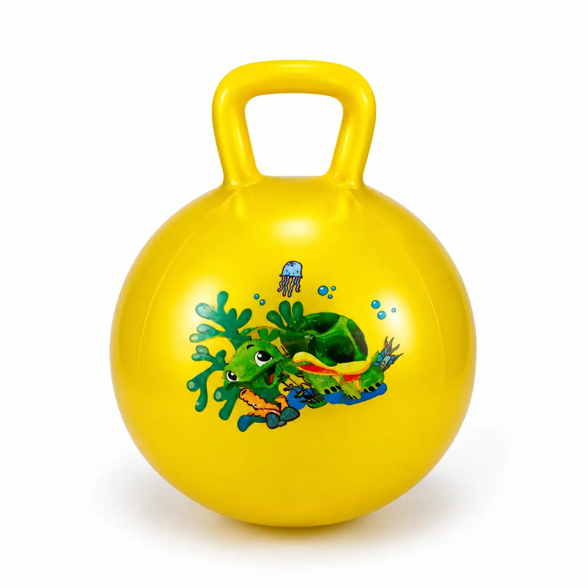 Yellow kids inflatable hopper jumping ball with handle and colorful cartoon print