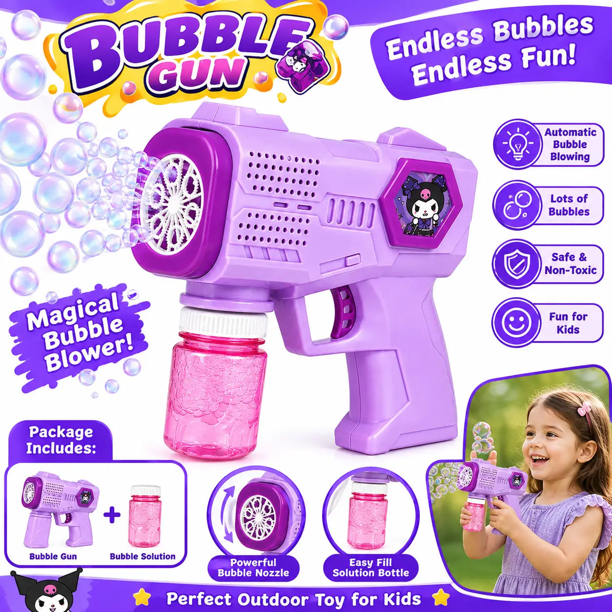 Kuromi-style bubble gun showing multi-ring nozzle, easy-grip handle and solution bottle