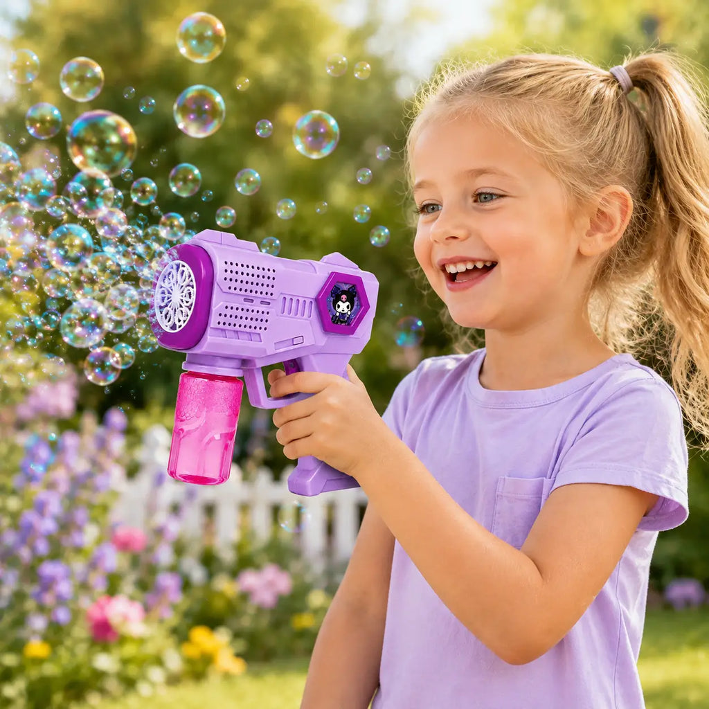 Young child playing outdoors with a purple Kuromi-style automatic bubble gun
