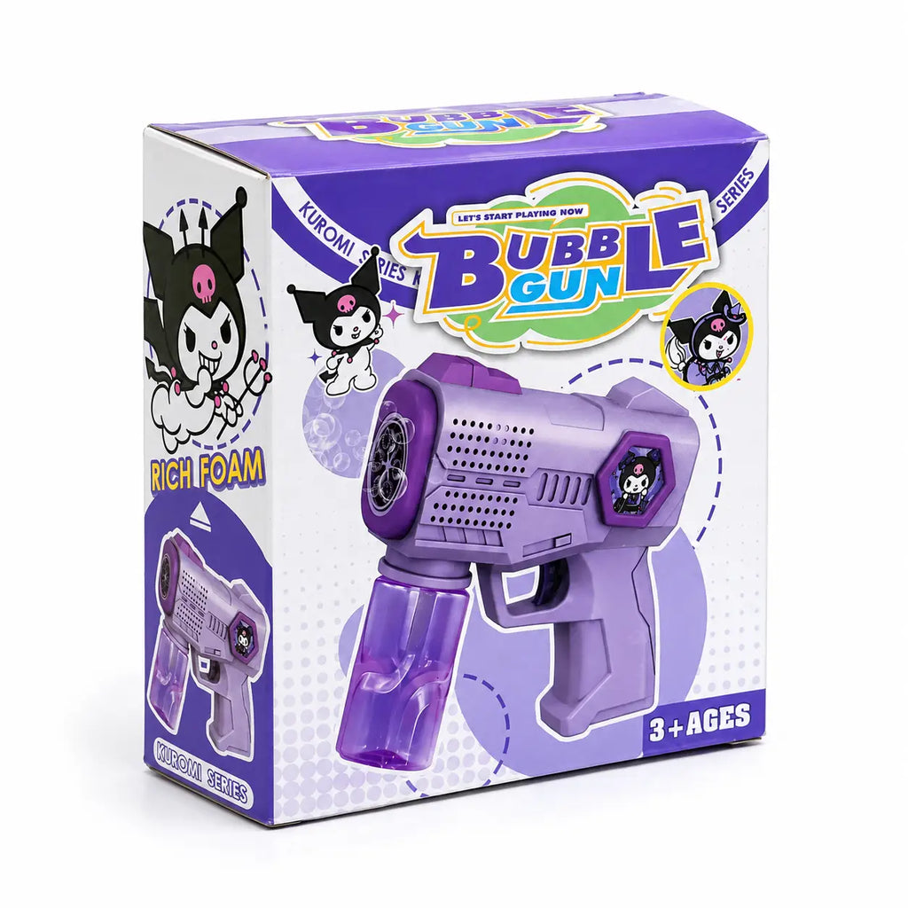 Retail packaging box of purple Kuromi-style bubble gun for children aged 3 plus