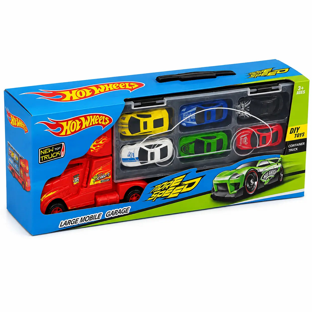 Hot Wheels Large Mobile Garage truck displayed with 6 colorful racing cars
