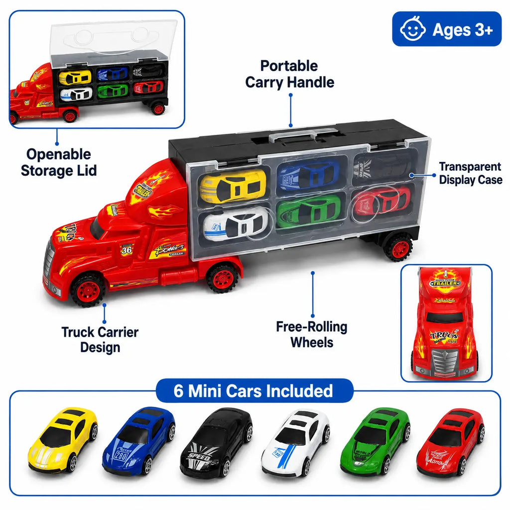 Red car carrier truck with open transparent storage compartment holding six mini cars