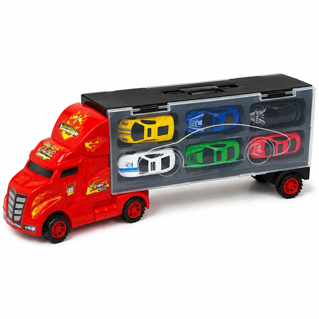 Side view of red Large Mobile Garage container truck with six cars stored inside