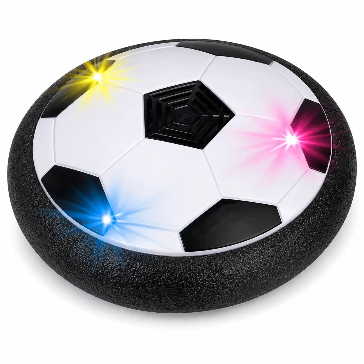 Black and white hover soccer ball with multicolour LED lights and foam bumper