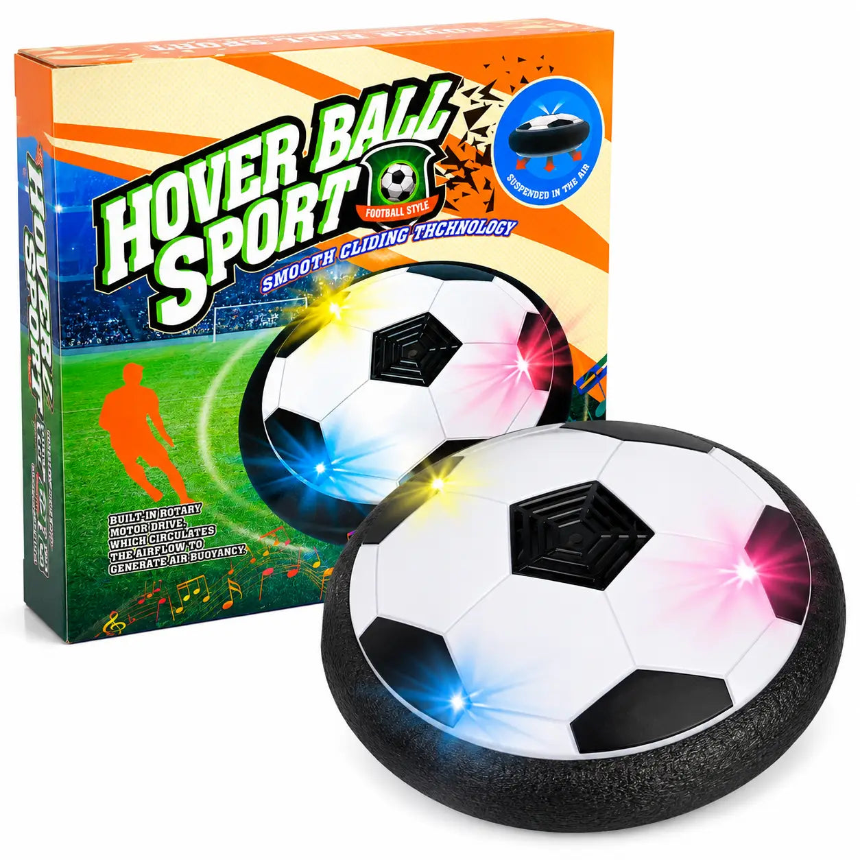 LED hover soccer ball for kids with colourful lights and retail packaging box