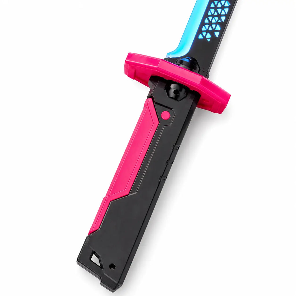 Close-up of black and pink LED light saber toy handle, guard and illuminated blade