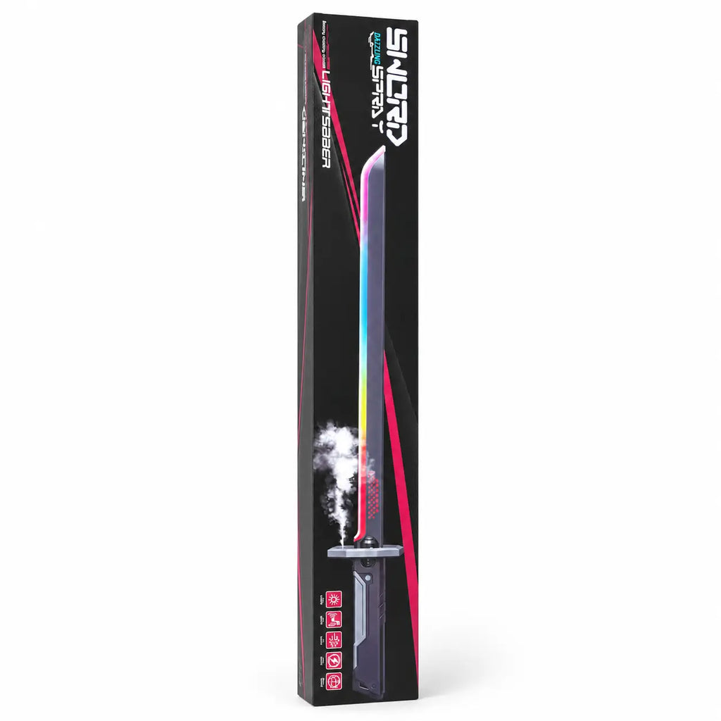 Rechargeable LED light saber toy box shown in angled three-quarter view