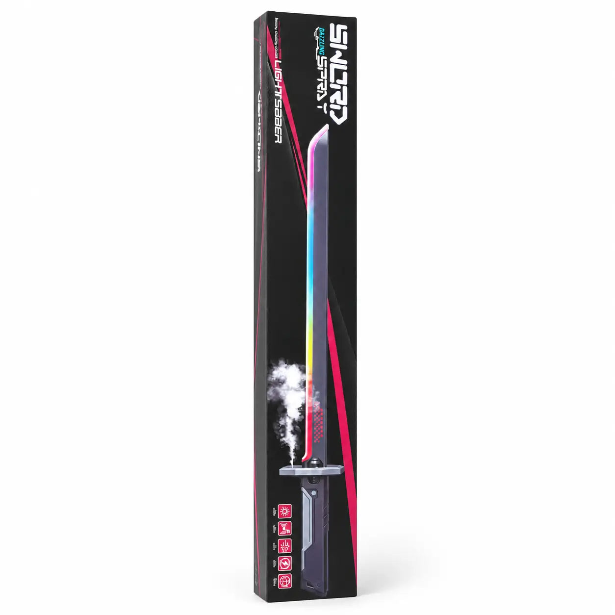 Rechargeable LED light saber toy box shown in angled three-quarter view