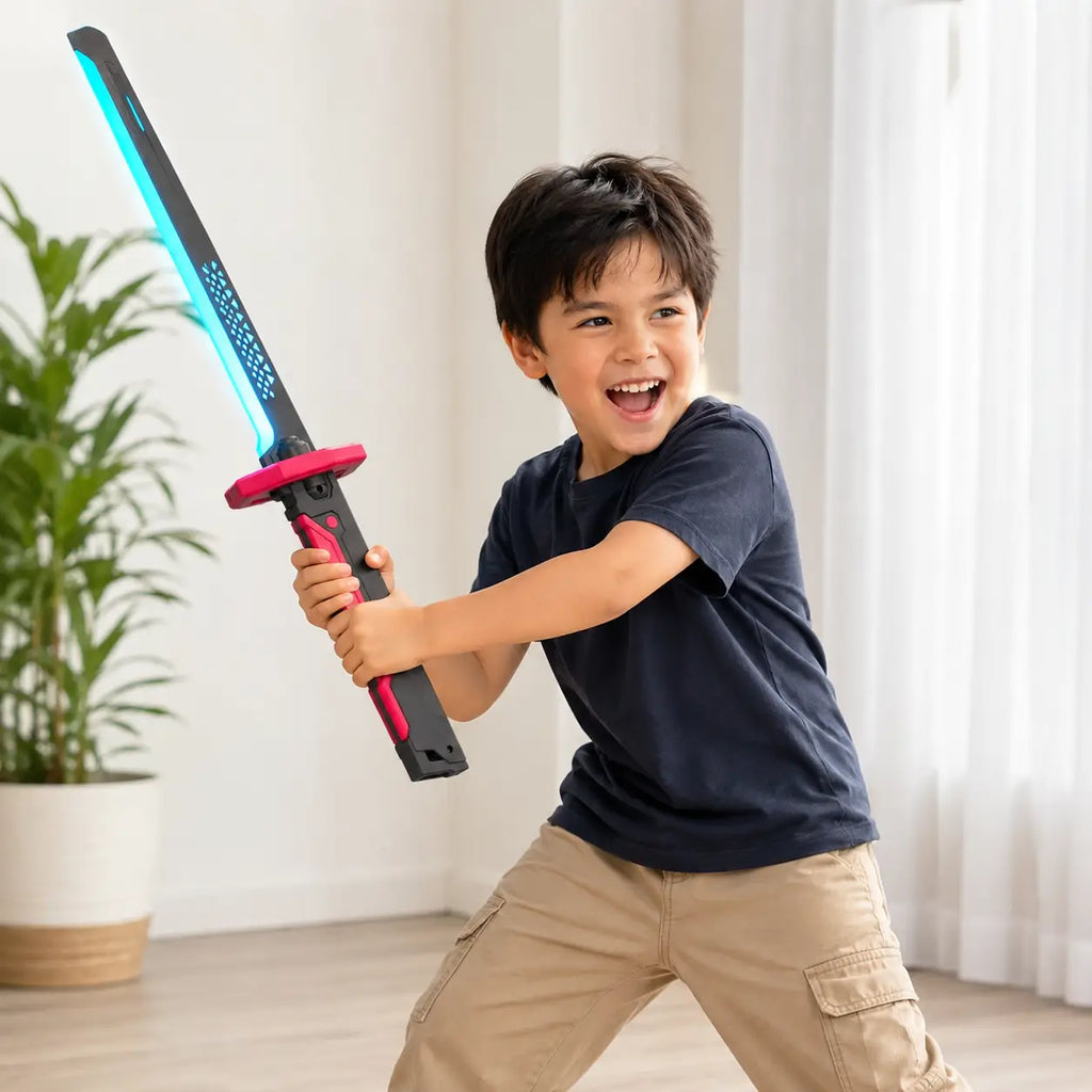 Child playing with rechargeable black and pink LED light saber toy with glowing blade