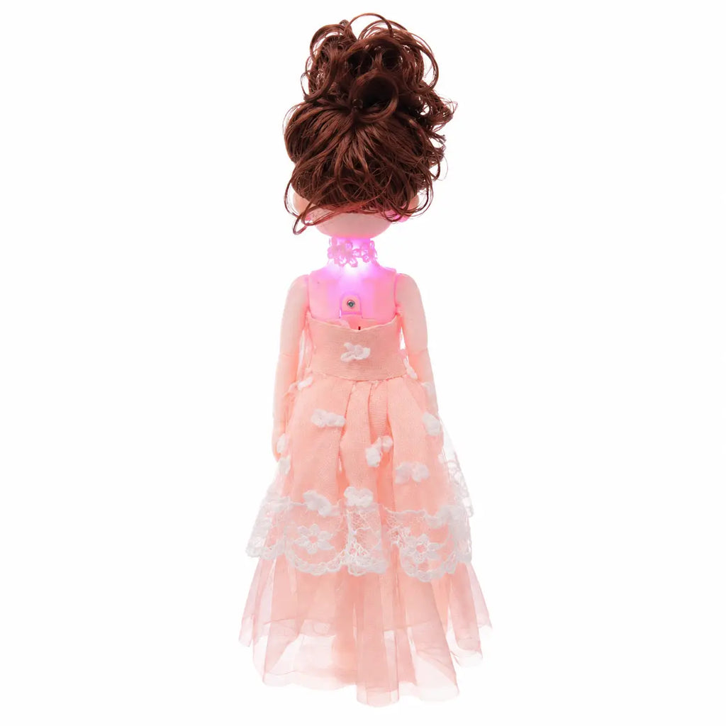 Back view of light-up princess doll showing glowing neck and rear control area