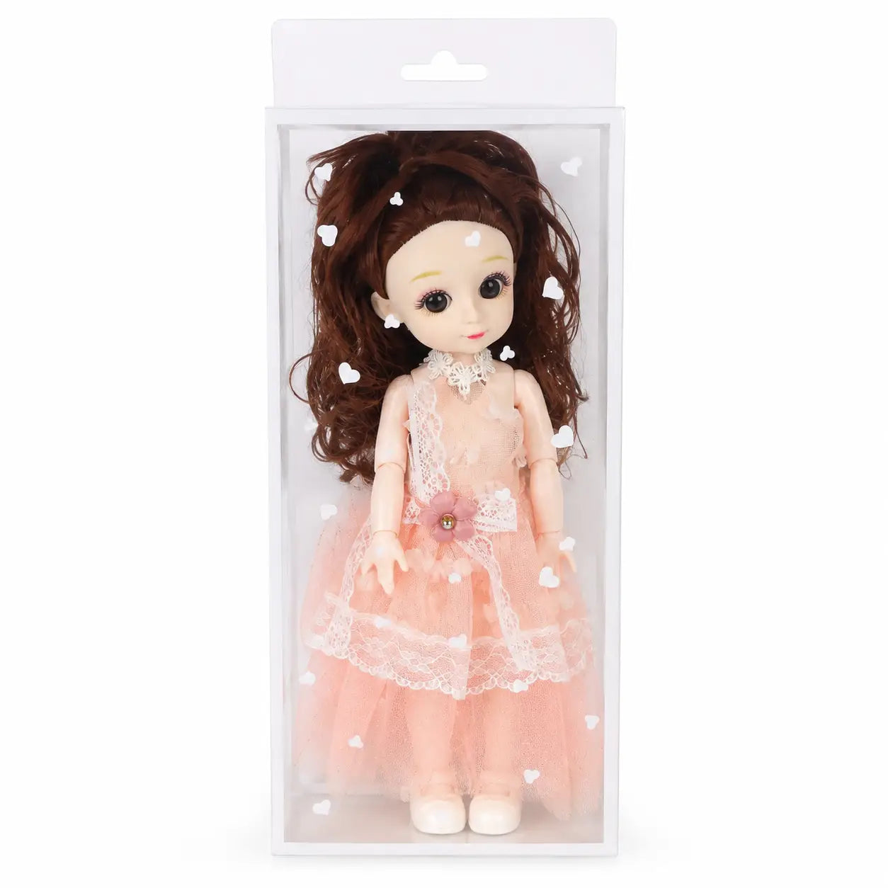 Princess doll in transparent display box with peach pink lace dress and brown hair