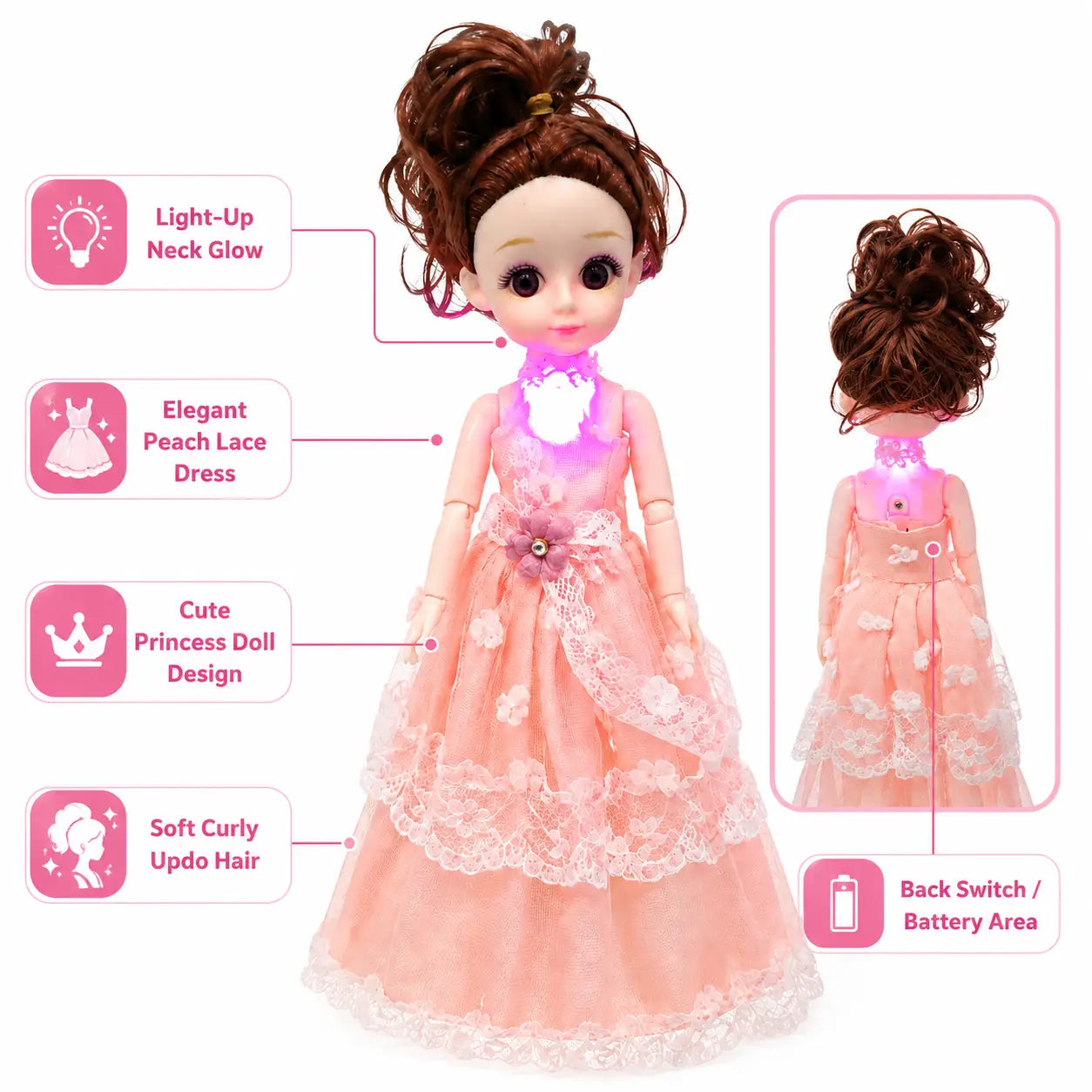 Light-up princess doll features showing peach lace dress, curly hair and back control area