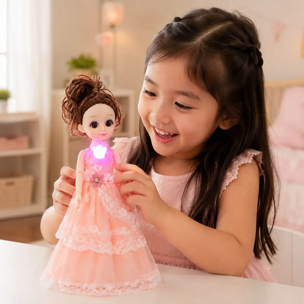 Young girl playing with light-up princess doll in peach lace dress for kids