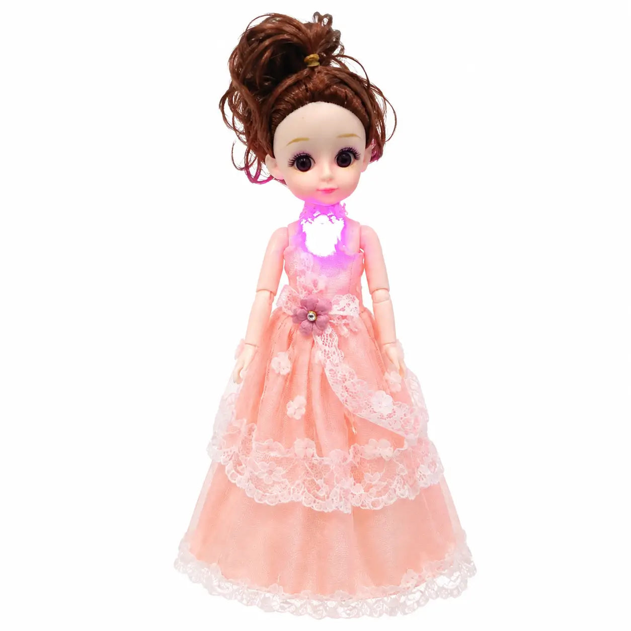 Light-up princess fashion doll with peach lace dress and curly brown hair front view
