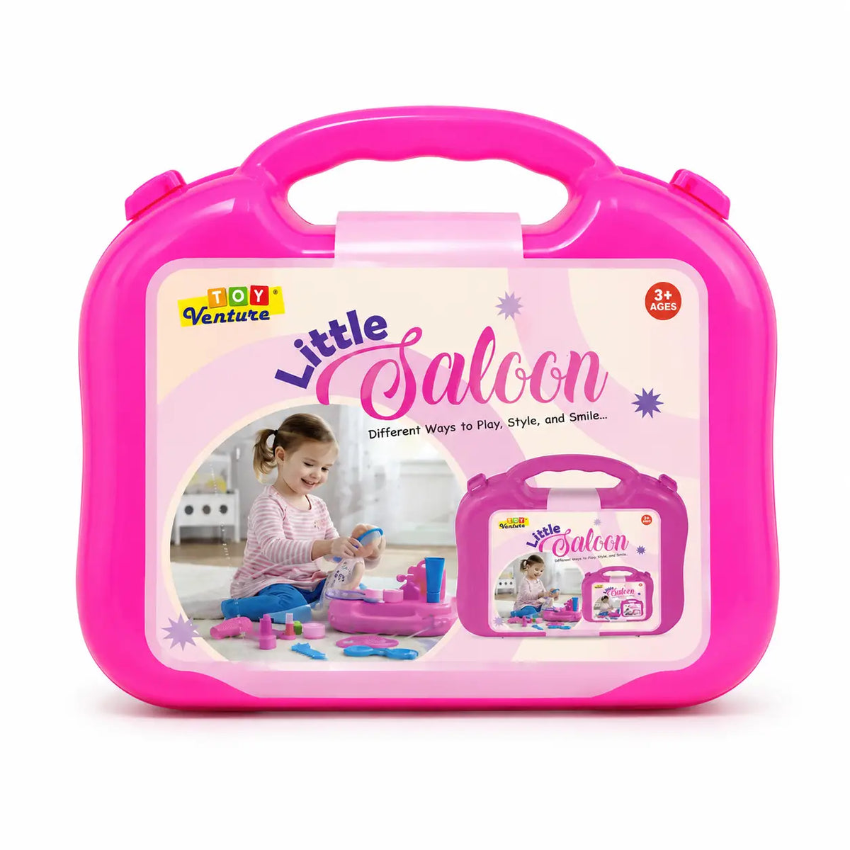 Pink Little Saloon kids pretend play carry case with salon theme for ages 3 and above
