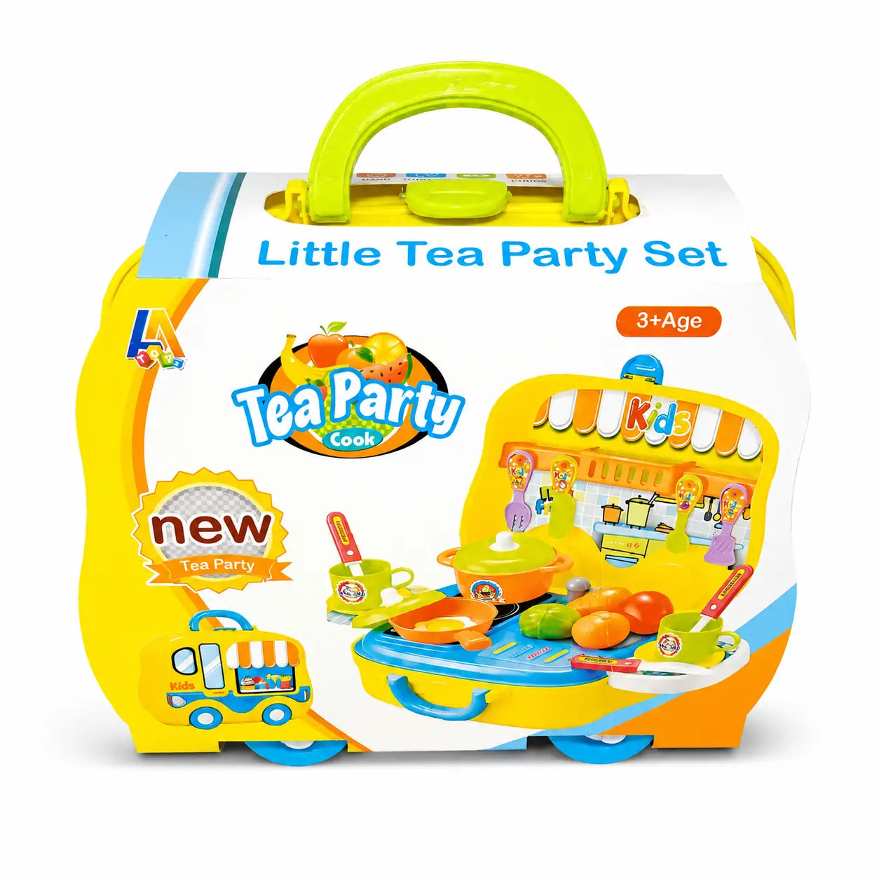 Little Tea Party Set yellow kids carry case with cooking and serving accessories for ages 3 plus