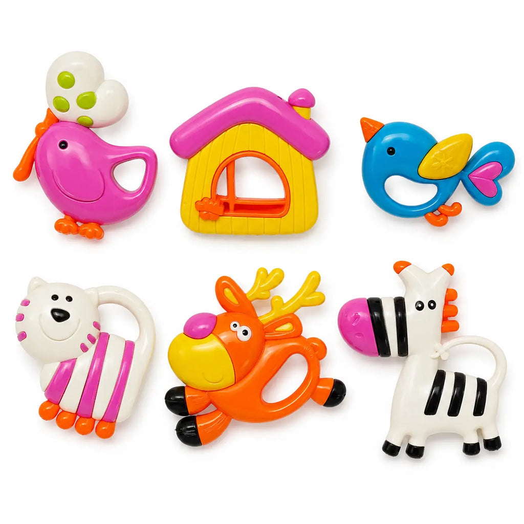 Colourful Loving Hut animal baby rattle set with bird, house, deer, zebra and animal toys