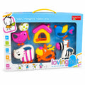 Loving Hut animal baby rattle gift set in colourful window box from an angled view