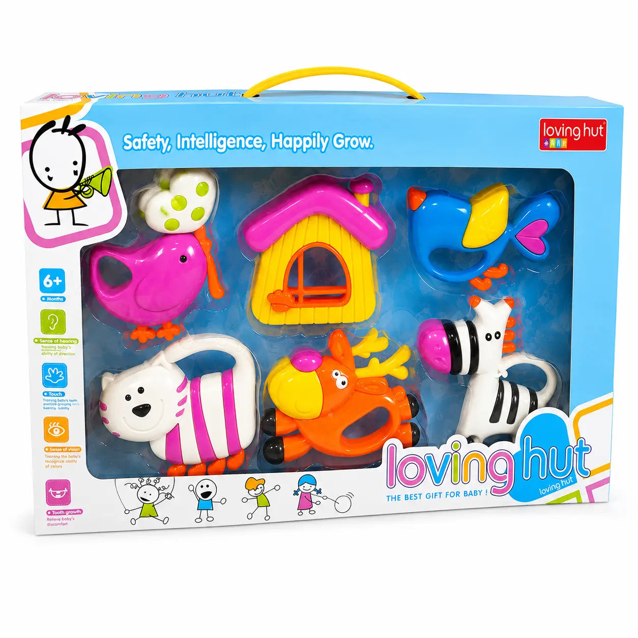 Loving Hut animal baby rattle gift set in colourful window box from an angled view