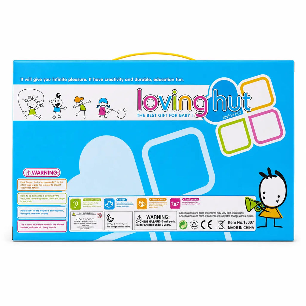 Back view of Loving Hut baby rattle and teether gift set packaging with safety instructions