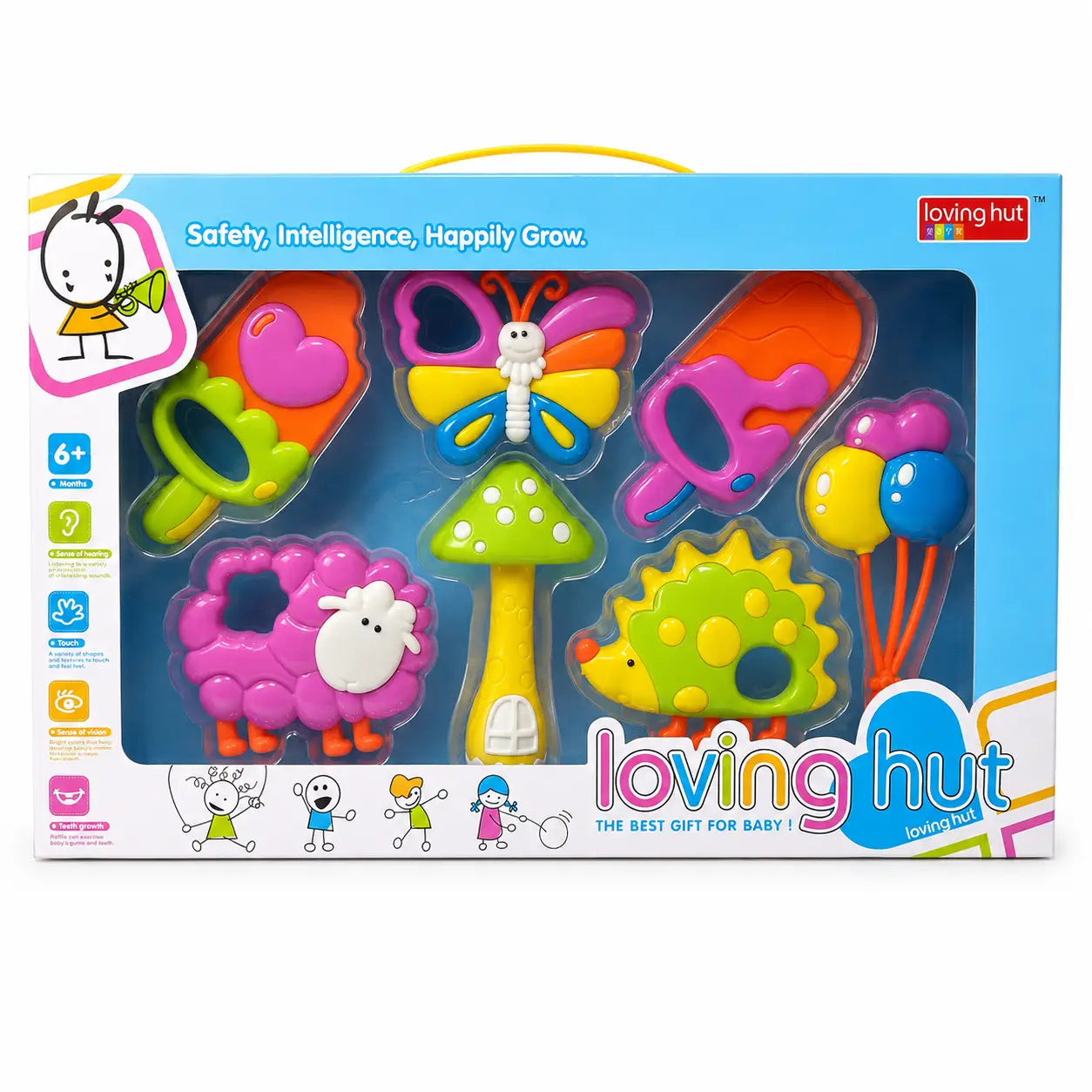 Loving Hut colourful garden-themed baby rattle set with butterfly, sheep, mushroom and hedgehog toys