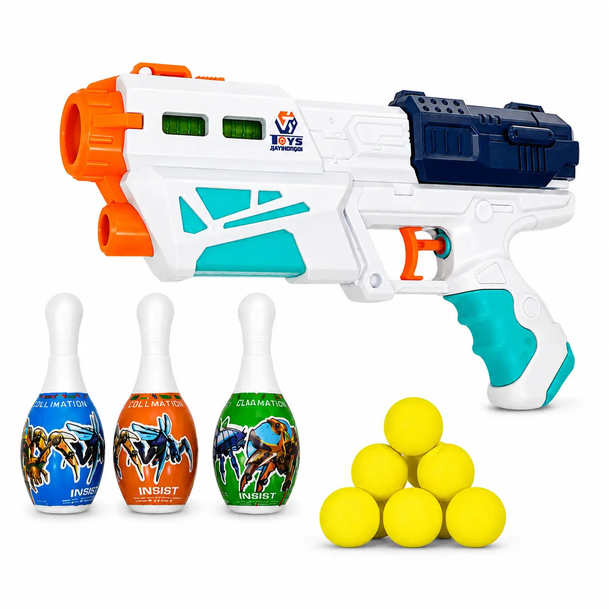 Complete Magic Toy Blaster Set with six yellow soft balls and three target pins