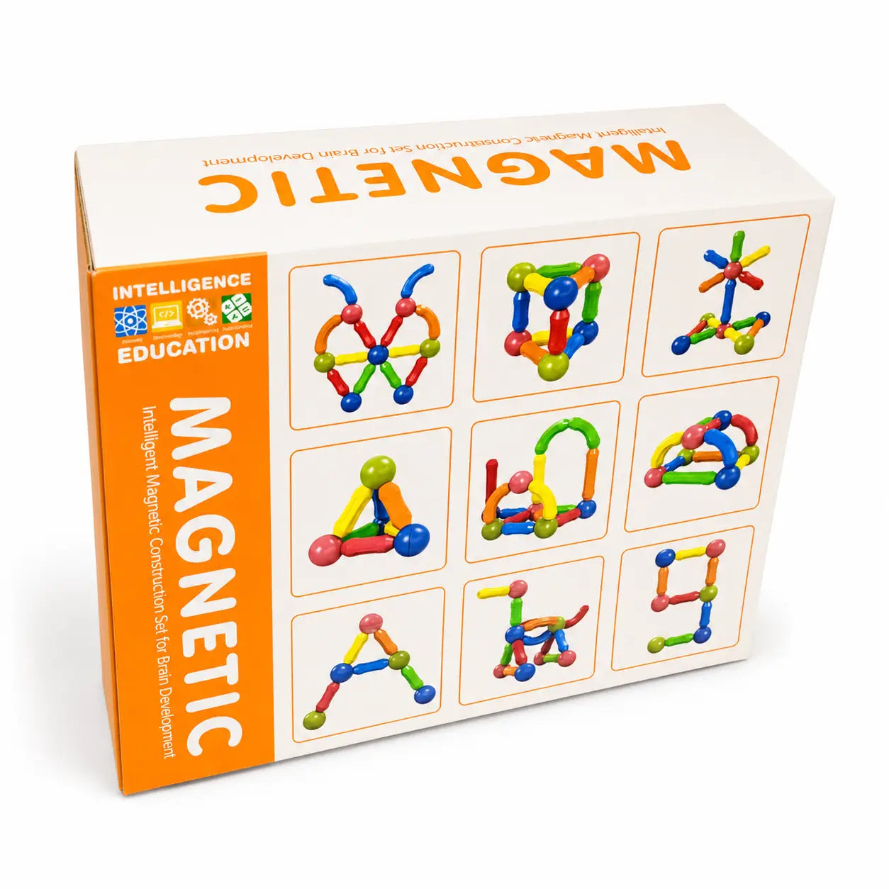 Magnetic building toy back box showing different construction design ideas