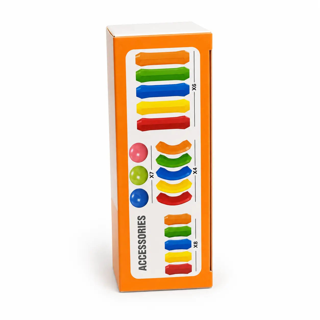 Magnetic construction set side packaging showing balls straight bars and curved connectors