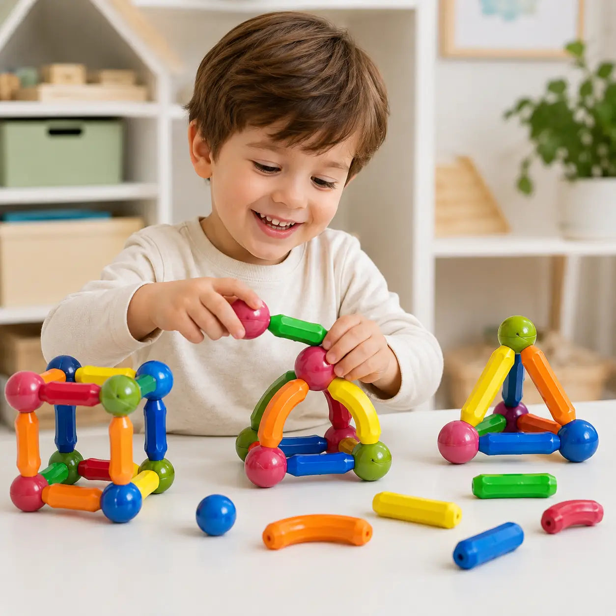 Child playing with colorful magnetic construction building set for kids ages 3 plus