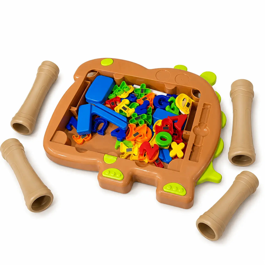 3-in-1 magnetic learning desk open storage compartment filled with colorful alphabet letters, numbers and shapes