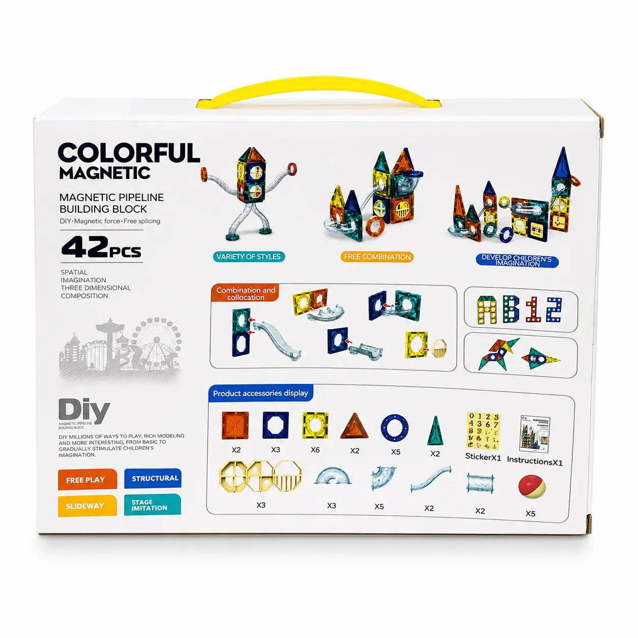 Back view of Colorful Magnetic Pipeline Building Blocks 42 PCS box showing build examples and included accessories.