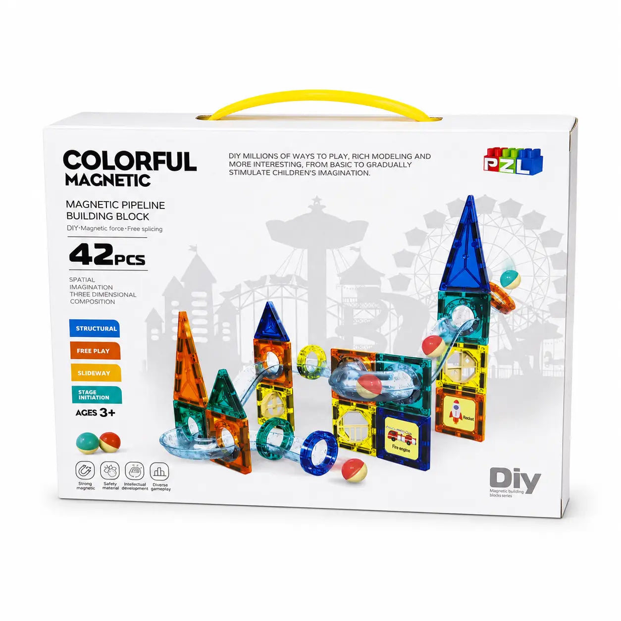 Front view of Colorful Magnetic Pipeline Building Blocks 42 PCS construction and ball track toy box.